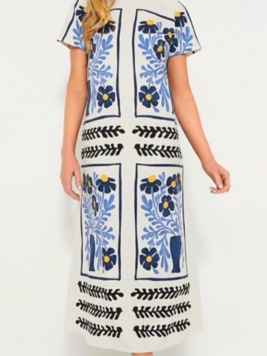 Tuckernuck Dresses & Skirts - Tuckernuck NWT Cream Maxi Dress with Blue Floral Panels and Black Trim